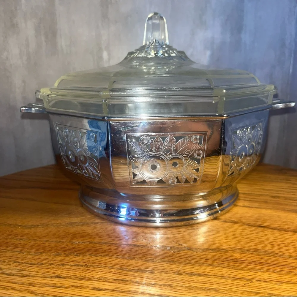Vintage Art Deco Pyrex Clear Etched Octagonal Casserole  3 Pcs-